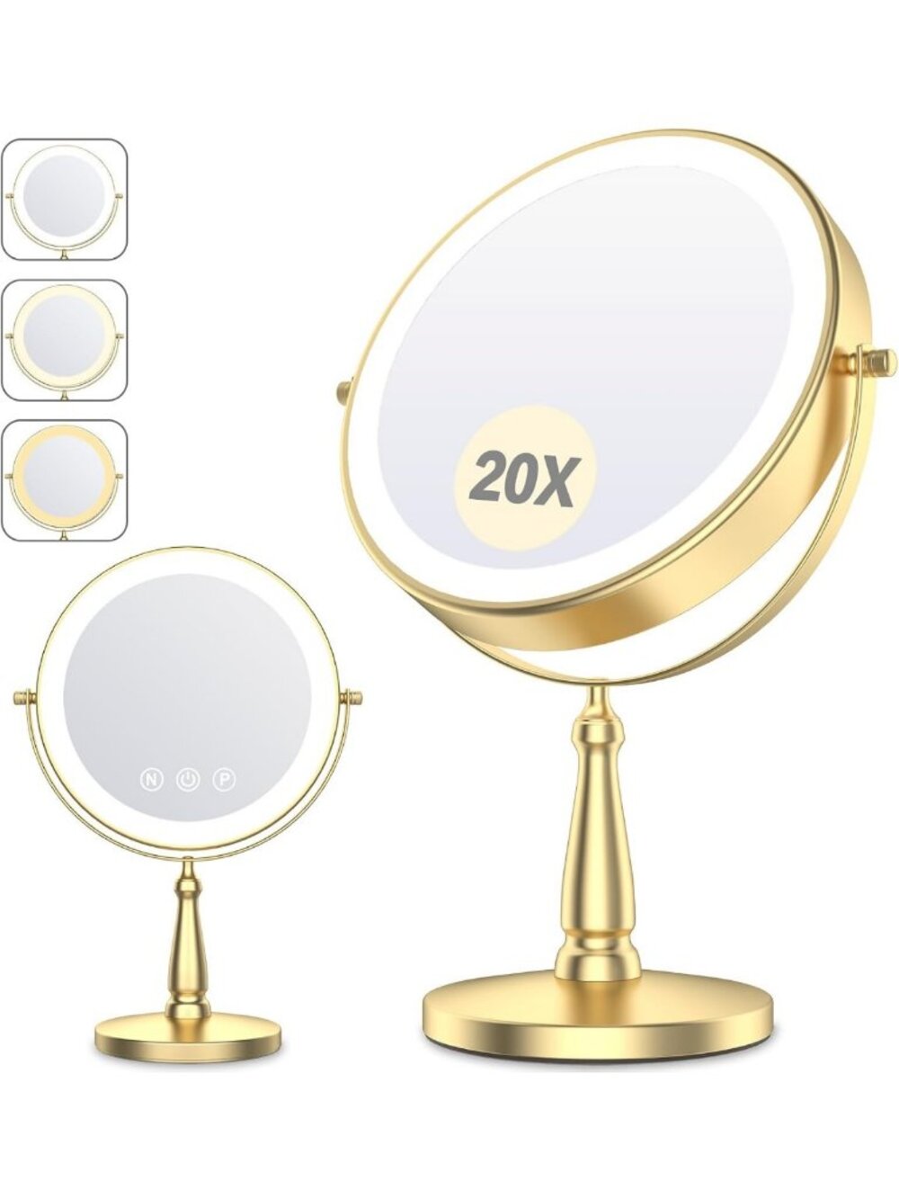 Lighted Makeup Mirror with 3 Color Dimmable LED, 1X/20X Magnification, 360°